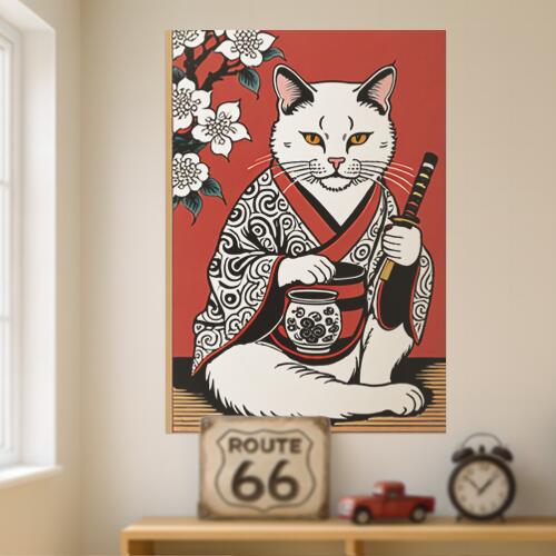 猫 侍 着物 日本刀 桜 タペストリー 和モダン 和柄 浮世絵風 刺青風 昭和レトロ 壁掛け 大判 長方形 タトゥー ジャパニーズ 男気 アウトロー 壁布 白 赤 黒