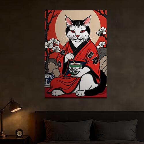 猫 着物 茶道 桜 日本画 タペストリー 和モダン 和柄 浮世絵風 刺青風 昭和レトロ 壁掛け 大判 長方形 タトゥー ジャパニーズ 男気 アウトロー 壁布 赤 黒 白