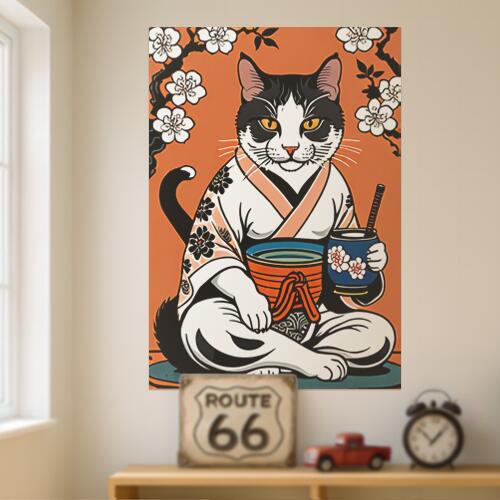 猫 着物 茶道 桜 日本文化 タペストリー 和モダン 和柄 浮世絵風 刺青風 昭和レトロ 壁掛け 大判 長方形 タトゥー ジャパニーズ 男気 アウトロー 壁布 オレンジ 白 黒