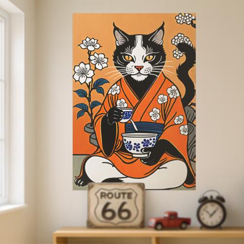 猫 着物 茶道 花 日本美術 タペストリー 和モダン 和柄 浮世絵風 刺青風 昭和レトロ 壁掛け 大判 長方形 タトゥー ジャパニーズ 男気 アウトロー 壁布 オレンジ 黒 白