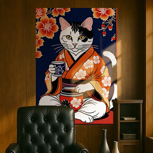 猫 着物 茶 花 日本 タペストリー 和モダン 和柄 浮世絵風 刺青風 昭和レトロ 壁掛け 大判 長方形 タトゥー ジャパニーズ 男気 アウトロー 壁布 白 黒 オレンジ