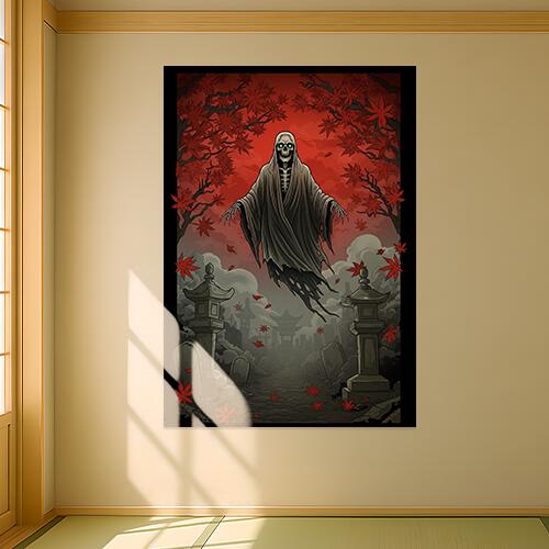幽霊 墓地 灯篭 紅葉 死 タペストリー 和モダン 和柄 浮世絵風 刺青風 昭和レトロ 壁掛け 大判 長方形 タトゥー ジャパニーズ 男気 アウトロー 壁布 赤 グレー 黒