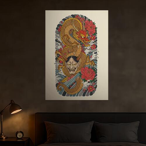 龍 鬼 花 波 鱗 タペストリー 和モダン 和柄 浮世絵風 刺青風 昭和レトロ 壁掛け 大判 長方形 タトゥー ジャパニーズ 男気 アウトロー 壁布 赤 オレンジ 黄色