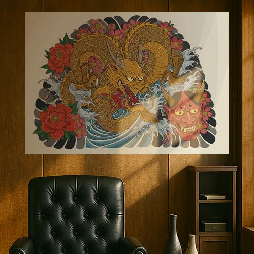 龍 鬼 花 波 和柄 タペストリー 和モダン 浮世絵風 刺青風 昭和レトロ 壁掛け 大判 長方形 タトゥー ジャパニーズ 男気 アウトロー 壁布 黄色 赤 ベージュ