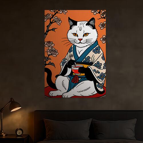 猫 着物 茶道 花 和風 タペストリー 大きい 男気 和柄 和風 日本画風 タトゥー アウトロー 入れ墨風 インテリア 撮影背景 壁掛け 大判 長方形 壁布 白 黒 オレンジ