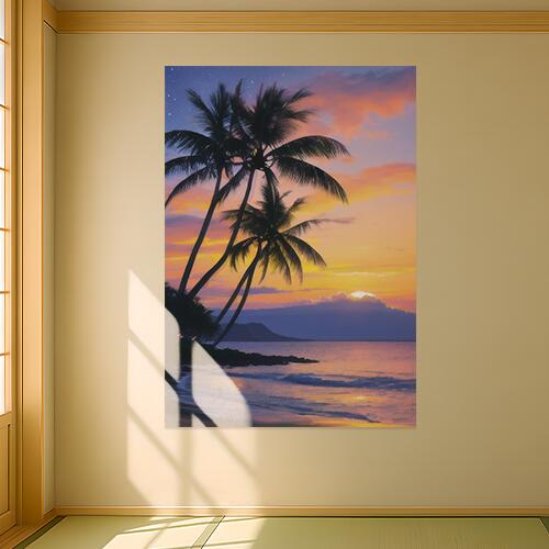 ヤシの木 海 夕焼け 楽園 静寂 タペストリー 大きい 夏 縦型 縦配信 リゾート リラックス 大自然 インテリア 撮影背景 壁掛け 大判 長方形 壁布 オレンジ 黄色 ピンク
