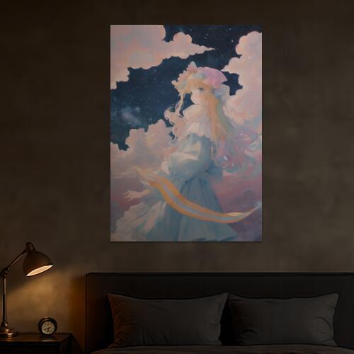 少女 花飾り 星空 雲 天使 タペストリー 大きい 縦型 縦配信 大自然 インテリア 撮影背景 壁掛け 大判 長方形 壁布 青 ピンク 黄色