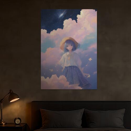 少女 帽子 星 雲 夜空 タペストリー 大きい 縦型 縦配信 大自然 インテリア 撮影背景 壁掛け 大判 長方形 壁布 青 白 ベージュ