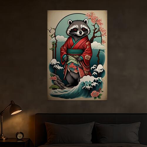 アライグマ 着物 波 桜 浮世絵 タペストリー 大きい 縦型 縦配信 大自然 インテリア 撮影背景 壁掛け 大判 長方形 壁布 赤 グレー 青