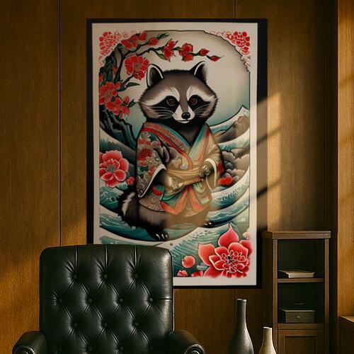 アライグマ 着物 花 波 日本画 タペストリー 和柄 和風 大きい 男気 日本画風 入れ墨風 アウトロー 縦型 縦配信 大自然 インテリア 撮影背景 壁掛け 大判 長方形 壁布 黒 白 グレー
