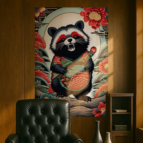 タヌキ 花 着物 月 妖怪 タペストリー 和柄 和風 大きい 男気 日本画風 入れ墨風 アウトロー 縦型 縦配信 大自然 インテリア 撮影背景 壁掛け 大判 長方形 壁布 黒 赤 白