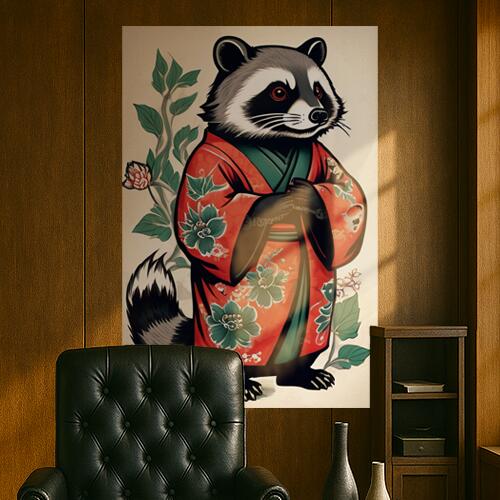 アライグマ 着物 花柄 和風 擬人化 タペストリー 和柄 大きい 男気 日本画風 入れ墨風 アウトロー 縦型..