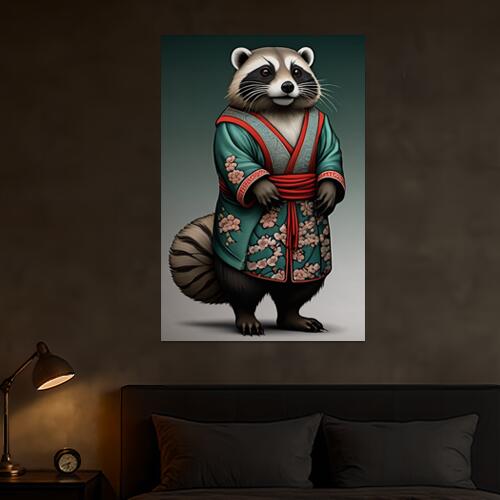 アライグマ 着物 花柄 桜 和風 タペストリー 和柄 大きい 男気 日本画風 入れ墨風 アウトロー 縦型 縦配信 大自然 インテリア 撮影背景 壁掛け 大判 長方形 壁布 緑 赤 白