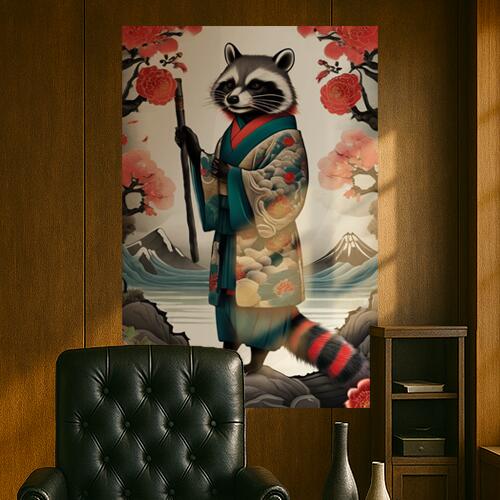 タヌキ 着物 杖 花 山 タペストリー 和柄 和風 大きい 男気 日本画風 入れ墨風 アウトロー 縦型 縦配信..