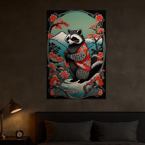 アライグマ 着物 花 山 日本画 タペストリー 和柄 和風 大きい 男気 日本画風 入れ墨風 アウトロー 縦型 縦配信 大自然 インテリア 撮影背景 壁掛け 大判 長方形 壁布 黒 白 赤