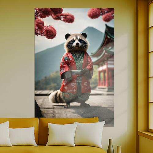 タヌキ 着物 神社 桜 山 タペストリー 和柄 和風 大きい 男気 日本画風 入れ墨風 アウトロー 縦型 縦配信 大自然 インテリア 撮影背景 壁掛け 大判 長方形 壁布 赤 緑 ベージュ