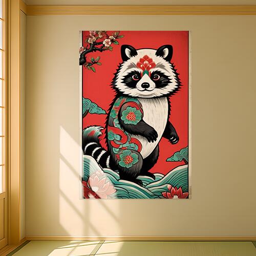 アライグマ 花 刺青 波 雲 タペストリー 和柄 和風 大きい 男気 日本画風 入れ墨風 アウトロー 縦型 縦配信 大自然 インテリア 撮影背景 壁掛け 大判 長方形 壁布 赤 黒 白