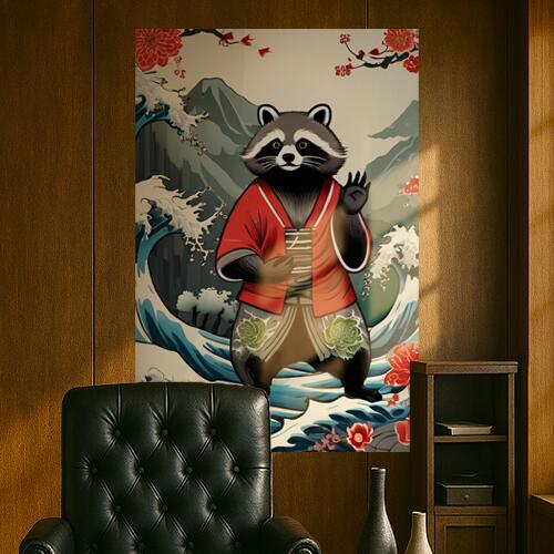 アライグマ 着物 波 花 山 タペストリー 和柄 和風 大きい 男気 日本画風 入れ墨風 アウトロー 縦型 縦..