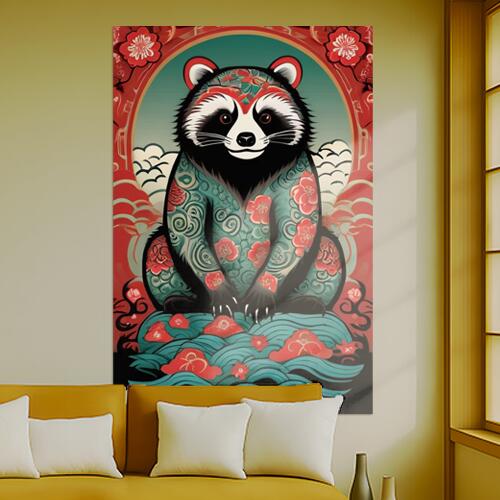 アライグマ 花 タトゥー 波 幸運 タペストリー 和柄 和風 大きい 男気 日本画風 入れ墨風 アウトロー 縦型 縦配信 大自然 インテリア 撮影背景 壁掛け 大判 長方形 壁布 赤 黒 白