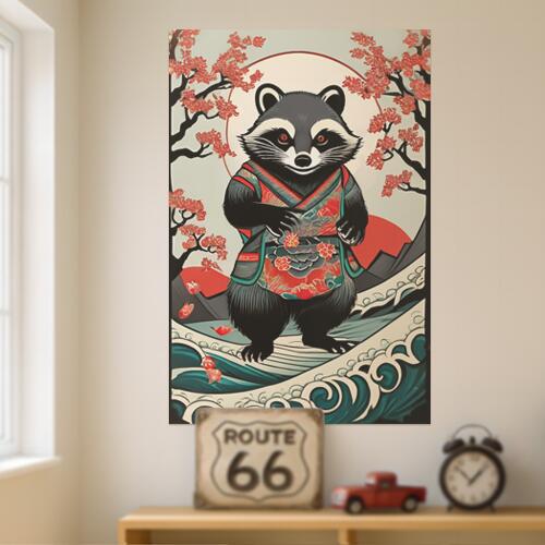アライグマ 着物 桜 波 月 タペストリー 和柄 和風 大きい 男気 日本画風 入れ墨風 アウトロー 縦型 縦配信 大自然 インテリア 撮影背景 壁掛け 大判 長方形 壁布 黒 白 グレー