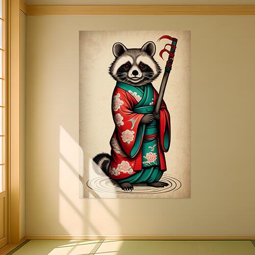 アライグマ 着物 杖 花柄 和風 タペストリー 和柄 大きい 男気 日本画風 入れ墨風 アウトロー 縦型 縦配信 大自然 インテリア 撮影背景 壁掛け 大判 長方形 壁布 赤 緑 白