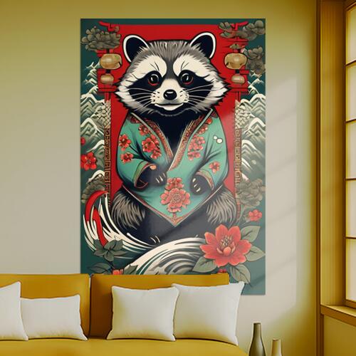アライグマ 着物 花 提灯 山 タペストリー 和柄 和風 大きい 男気 日本画風 入れ墨風 アウトロー 縦型 縦配信 大自然 インテリア 撮影背景 壁掛け 大判 長方形 壁布 赤 白 黒