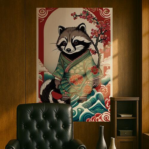 アライグマ 着物 花 波 浮世絵 タペストリー 和柄 和風 大きい 男気 日本画風 入れ墨風 アウトロー 縦型 縦配信 大自然 インテリア 撮影背景 壁掛け 大判 長方形 壁布 赤 緑 黒