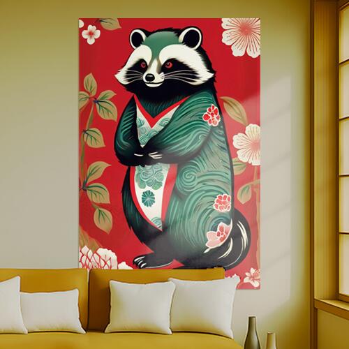 アライグマ 着物 花 幸運 繁栄 タペストリー 和柄 和風 大きい 男気 日本画風 入れ墨風 アウトロー 縦型 縦配信 大自然 インテリア 撮影背景 壁掛け 大判 長方形 壁布 赤 白 黒