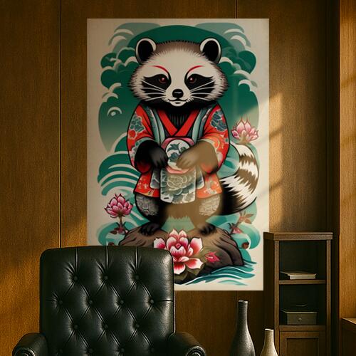 タヌキ 着物 蓮 波 日本画 タペストリー 和柄 和風 大きい 男気 日本画風 入れ墨風 アウトロー 縦型 縦配信 大自然 インテリア 撮影背景 壁掛け 大判 長方形 壁布 白 黒 赤