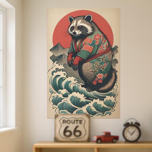 アライグマ 着物 波 太陽 山 タペストリー 和柄 和風 大きい 男気 日本画風 入れ墨風 アウトロー 縦型 縦配信 大自然 インテリア 撮影背景 壁掛け 大判 長方形 壁布 赤 青 白