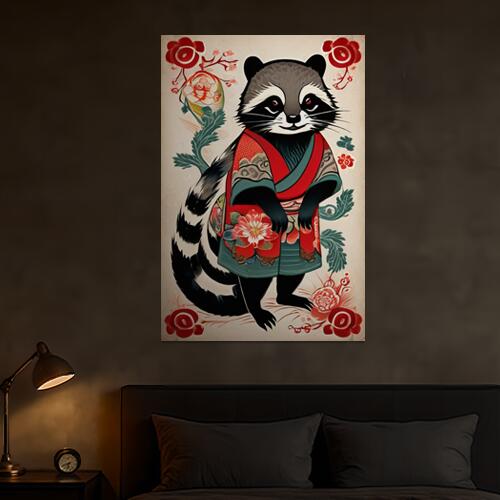 アライグマ 着物 花 和風 縁起物 タペストリー 和柄 大きい 男気 日本画風 入れ墨風 アウトロー 縦型 縦配信 大自然 インテリア 撮影背景 壁掛け 大判 長方形 壁布 グレー 黒 赤
