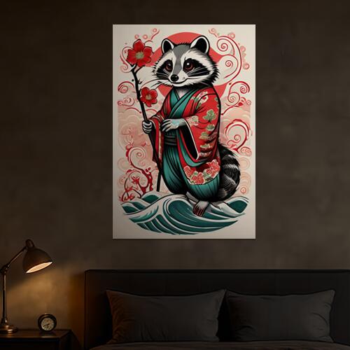 アライグマ 着物 花 波 日本画 タペストリー 和柄 和風 大きい 男気 日本画風 入れ墨風 アウトロー 縦型 縦配信 大自然 インテリア 撮影背景 壁掛け 大判 長方形 壁布 赤 緑 黒