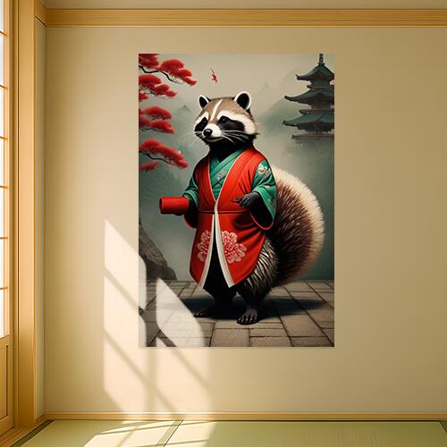 タヌキ 着物 寺 紅葉 日本文化 タペストリー 和柄 和風 大きい 男気 日本画風 入れ墨風 アウトロー 縦型 縦配信 大自然 インテリア 撮影背景 壁掛け 大判 長方形 壁布 赤 緑 白