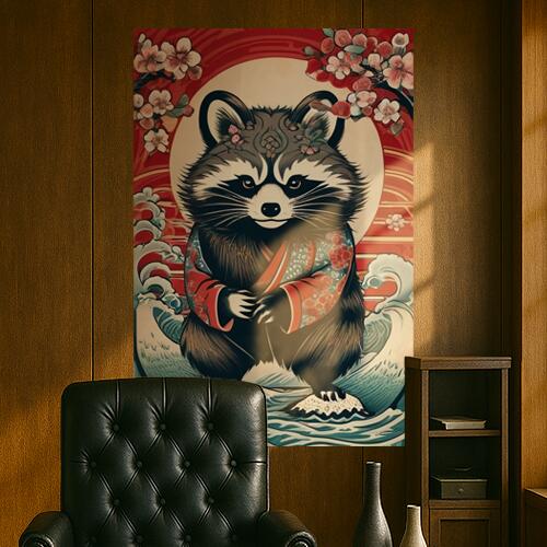タヌキ 着物 波 花 月 タペストリー 和柄 和風 大きい 男気 日本画風 入れ墨風 アウトロー 縦型 縦配信..