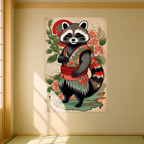 アライグマ 着物 花 刺青 日本画 タペストリー 和柄 和風 大きい 男気 日本画風 入れ墨風 アウトロー 縦型 縦配信 大自然 インテリア 撮影背景 壁掛け 大判 長方形 壁布 黒 白 グレー
