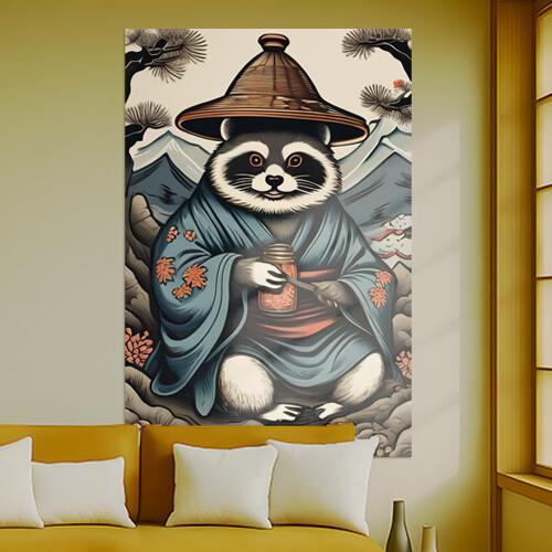 タヌキ 笠 着物 瓶 山 タペストリー 和柄 和風 大きい 男気 日本画風 入れ墨風 アウトロー 縦型 縦配信 大自然 インテリア 撮影背景 壁掛け 大判 長方形 壁布 青 紺 黒