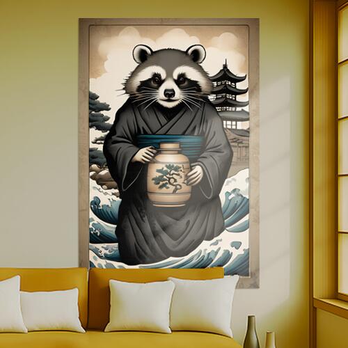 タヌキ 着物 徳利 波 寺 タペストリー 和柄 和風 大きい 男気 日本画風 入れ墨風 アウトロー 縦型 縦配..