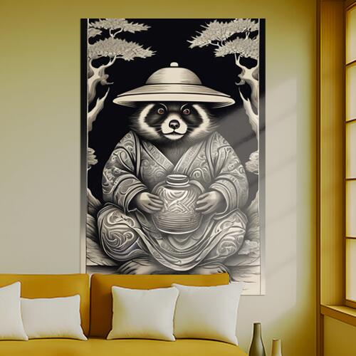 タヌキ 笠 着物 徳利 盆栽 タペストリー 和柄 和風 大きい 男気 日本画風 入れ墨風 アウトロー 縦型 縦..