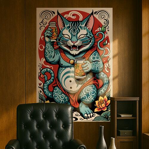 猫 招き猫 福 縁起物 幸運 タペストリー 和柄 和風 大きい 男気 日本画風 入れ墨風 アウトロー 縦型 縦..