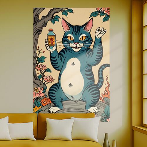 猫 招き猫 薬瓶 花 木 タペストリー 和柄 和風 大きい 男気 日本画風 入れ墨風 アウトロー 縦型 縦配信 大自然 インテリア 撮影背景 壁掛け 大判 長方形 壁布 青 白 ピンク