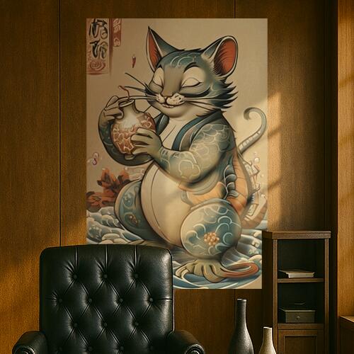猫 着物 酒 波 浮世絵 タペストリー 和柄 和風 大きい 男気 日本画風 入れ墨風 アウトロー 縦型 縦配信..
