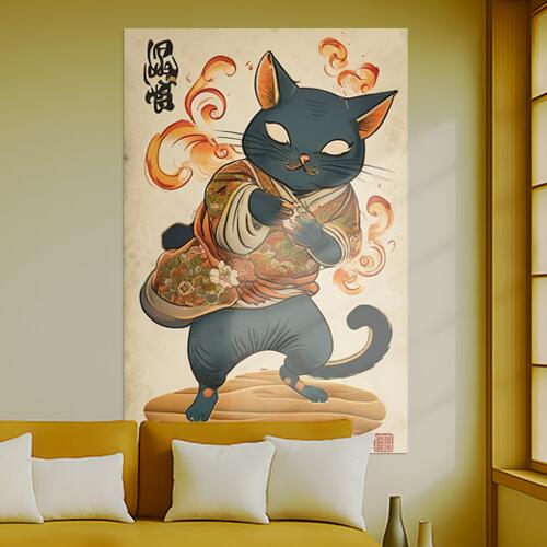 猫 着物 招き猫 縁起物 日本画 タペストリー 和柄 和風 大きい 男気 日本画風 入れ墨風 アウトロー 縦..
