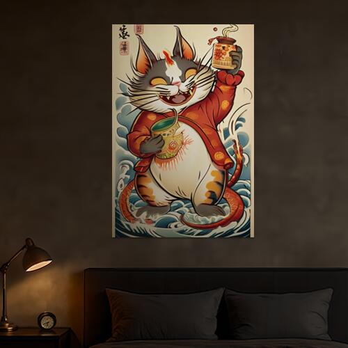 猫 招き猫 酒 縁起物 陶器 タペストリー 和柄 和風 大きい 男気 日本画風 入れ墨風 アウトロー 縦型 縦配信 大自然 インテリア 撮影背景 壁掛け 大判 長方形 壁布 赤 白 オレンジ