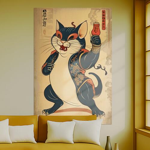 猫又 酒 浮世絵 妖怪 招き猫 タペストリー 和柄 和風 大きい 男気 日本画風 入れ墨風 アウトロー 縦型 縦配信 大自然 インテリア 撮影背景 壁掛け 大判 長方形 壁布 紺 白 赤