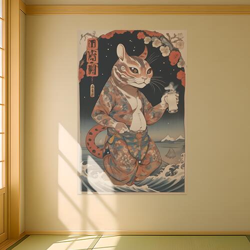 猫又 着物 波 提灯 浮世絵 タペストリー 和柄 和風 大きい 男気 日本画風 入れ墨風 アウトロー 縦型 縦配信 大自然 インテリア 撮影背景 壁掛け 大判 長方形 壁布 オレンジ ベージュ 青