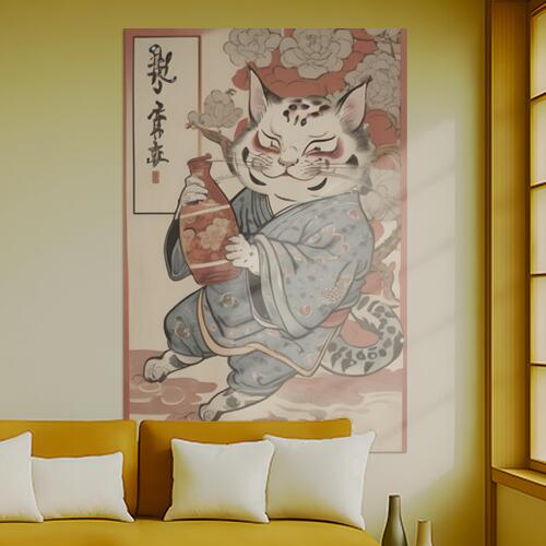 猫又 酒 着物 花 浮世絵 タペストリー 和柄 和風 大きい 男気 日本画風 入れ墨風 アウトロー 縦型 縦配信 大自然 インテリア 撮影背景 壁掛け 大判 長方形 壁布 白 グレー 赤