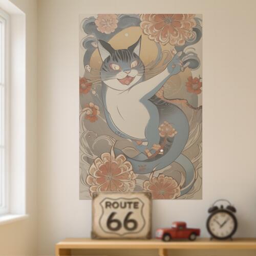猫 花 波 月 幸運 タペストリー 和柄 和風 大きい 男気 日本画風 入れ墨風 アウトロー 縦型 縦配信 大自然 インテリア 撮影背景 壁掛け 大判 長方形 壁布 青 白 オレンジ