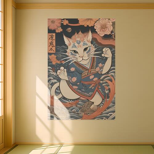 猫 着物 花 波 招き猫 タペストリー 和柄 和風 大きい 男気 日本画風 入れ墨風 アウトロー 縦型 縦配信..