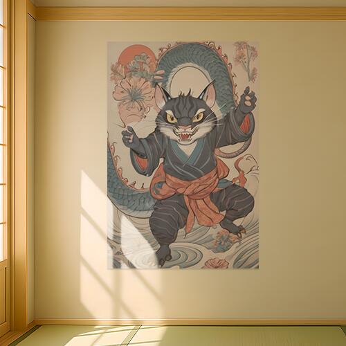 猫又 龍 着物 浮世絵 妖怪 タペストリー 和柄 和風 大きい 男気 日本画風 入れ墨風 アウトロー 縦型 縦配信 大自然 インテリア 撮影背景 壁掛け 大判 長方形 壁布 黒 グレー ベージュ