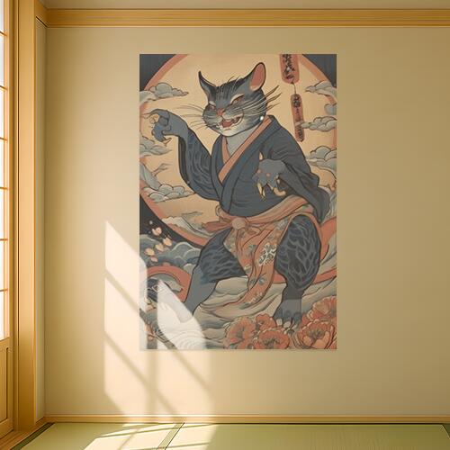 猫又 妖怪 着物 月 浮世絵 タペストリー 和柄 和風 大きい 男気 日本画風 入れ墨風 アウトロー 縦型 縦配信 大自然 インテリア 撮影背景 壁掛け 大判 長方形 壁布 紺 ベージュ オレンジ